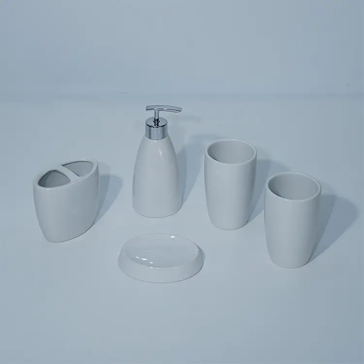 Wholesale Low Price Ceramic Home Decor 5 Pieces Shiny Pure Color Glazed Bathroom Accessories Set