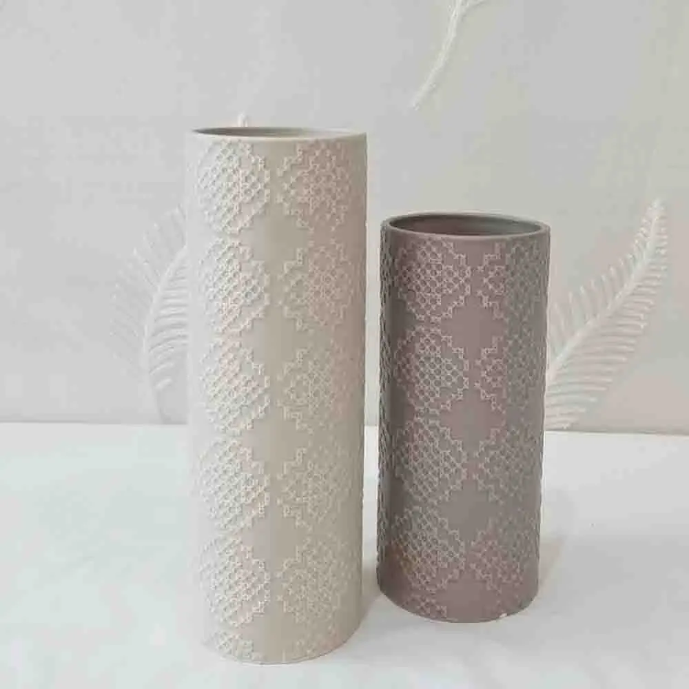 ODM Morandi Color Embossed Geometric Stoneware Cylinder Vase Supplier, Factory