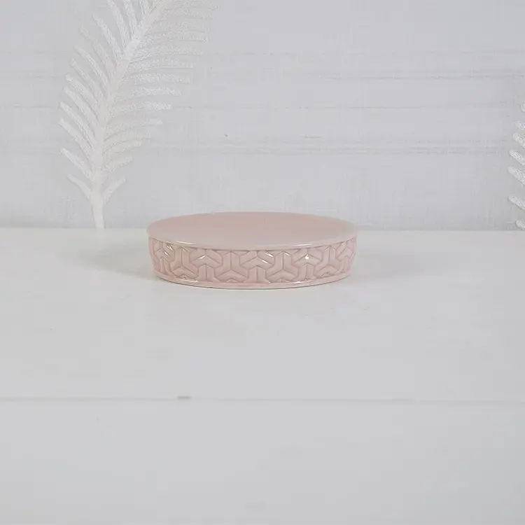 Cheap Modern Luxury Pink Geometric-Embossed Ceramic Bathroom Accessory Set Supplier, Companies