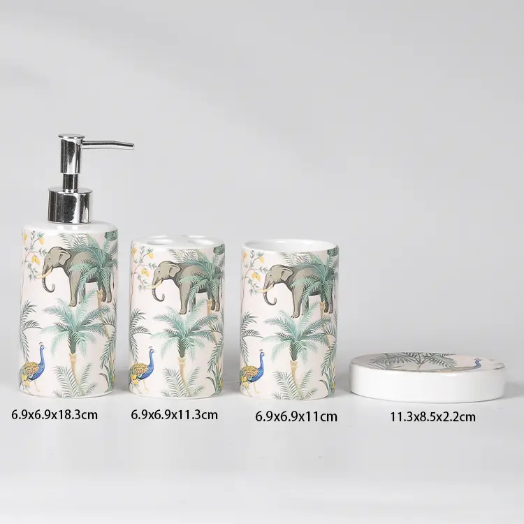 Tropical Jungle Elephant & Peacock Ceramic Bathroom 4-Piece Set