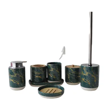 Luxury Dark Green Marble Pattern Stoneware Bathroom Accessory Set