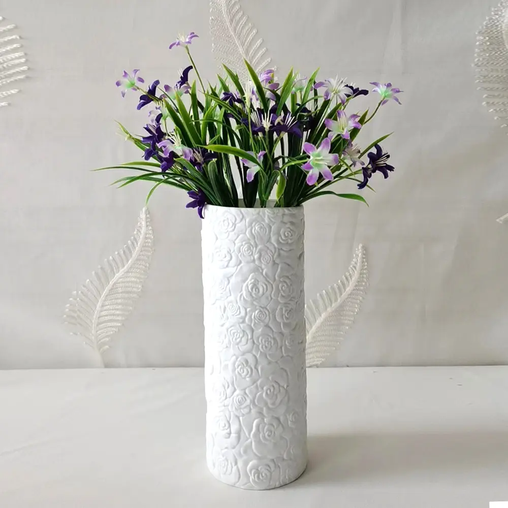 Wholesale French Elegant 3D Rose Relief White Ceramic Vase Manufacturer, Product