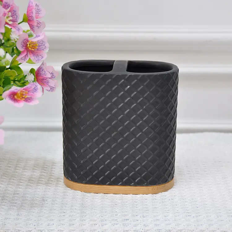 Discount Matte Black Ceramic Bathroom 6-Piece Set with Woven Texture & Wood Base Manufacturer, Company