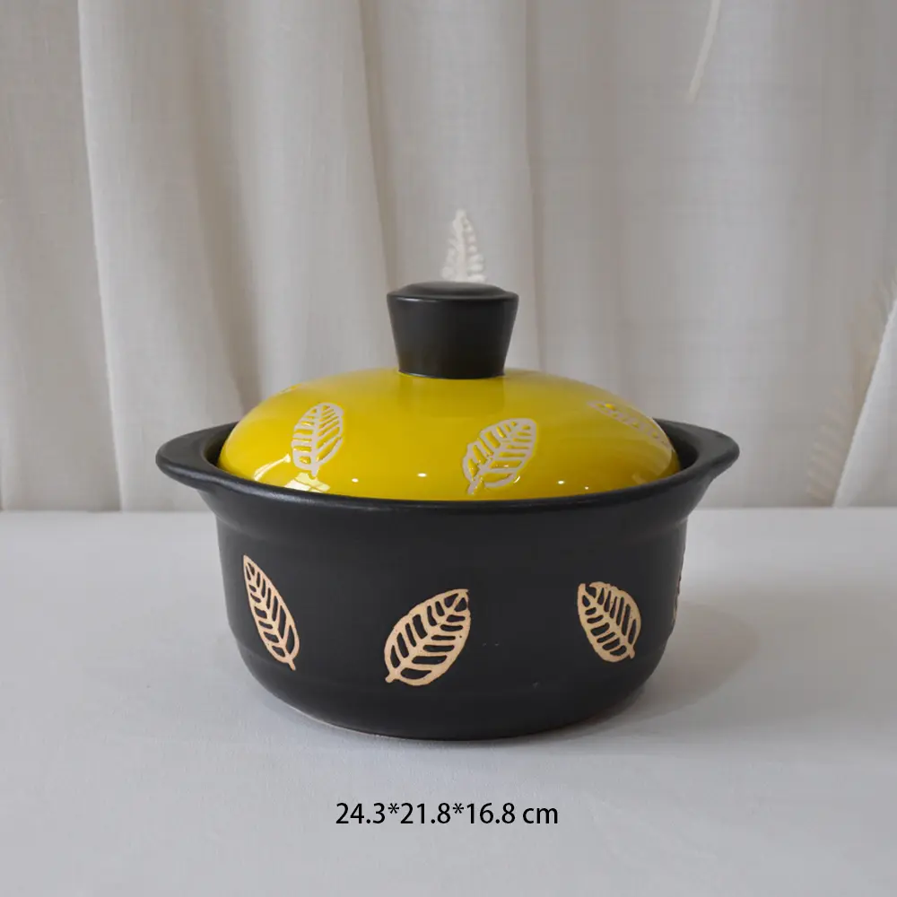 Black and Yellow Contrast Leaf Pattern Ceramic Casserole