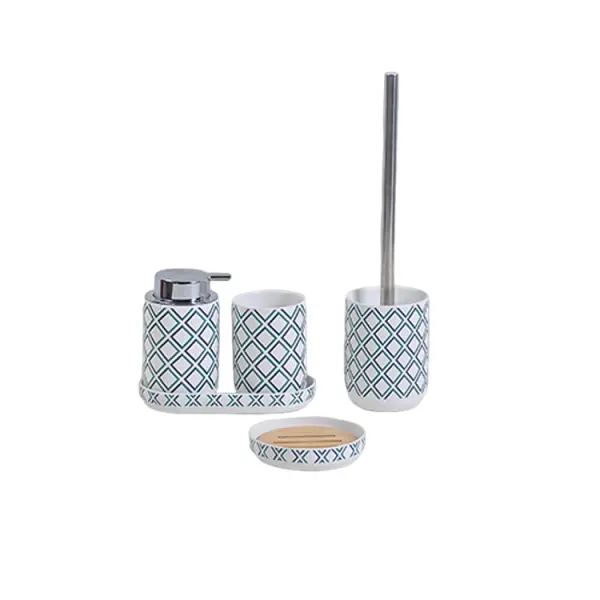 Buy Teal & White Geometric - Patterned Stoneware Bathroom 7 - Piece Set Supplier, Factory