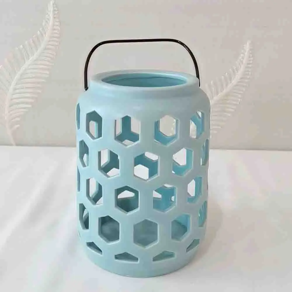Wholesale Modern Light Blue Hexagonal Cutout Ceramic Lantern Set Manufacturer, Exporters