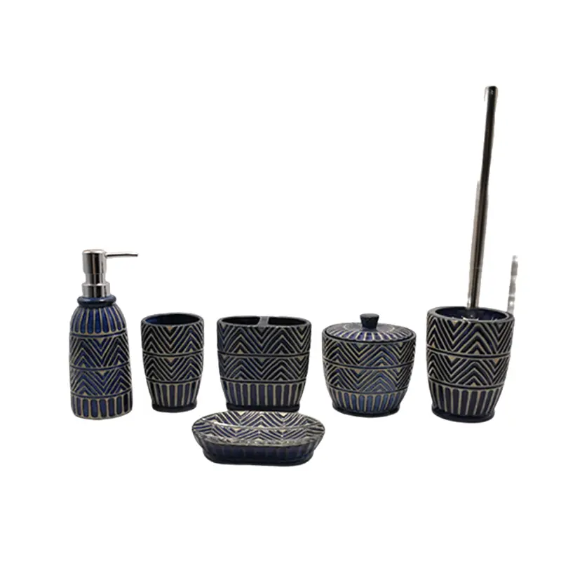 Wholesale Blue & White Geometric Tribal - Patterned Stoneware Bathroom 6 - Piece Set Manufacturer, Factories