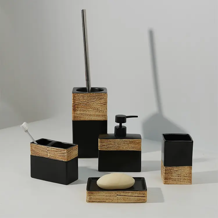ODM Woodgrain-Print Ceramic Bathroom 5-Piece Set – Hotel & Home Supplies Supplier, Product