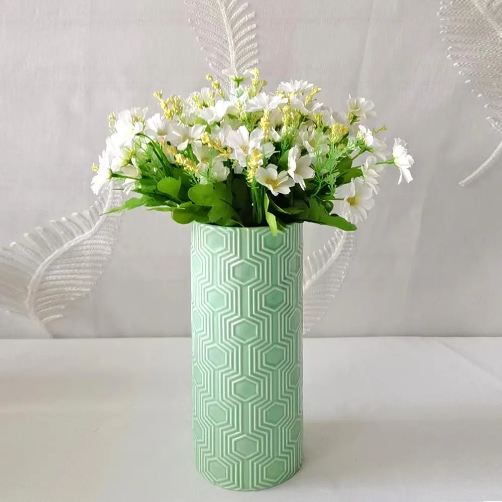Discount Blue & Green Hexagonal Embossed Ceramic Vase Suppliers, Exporter