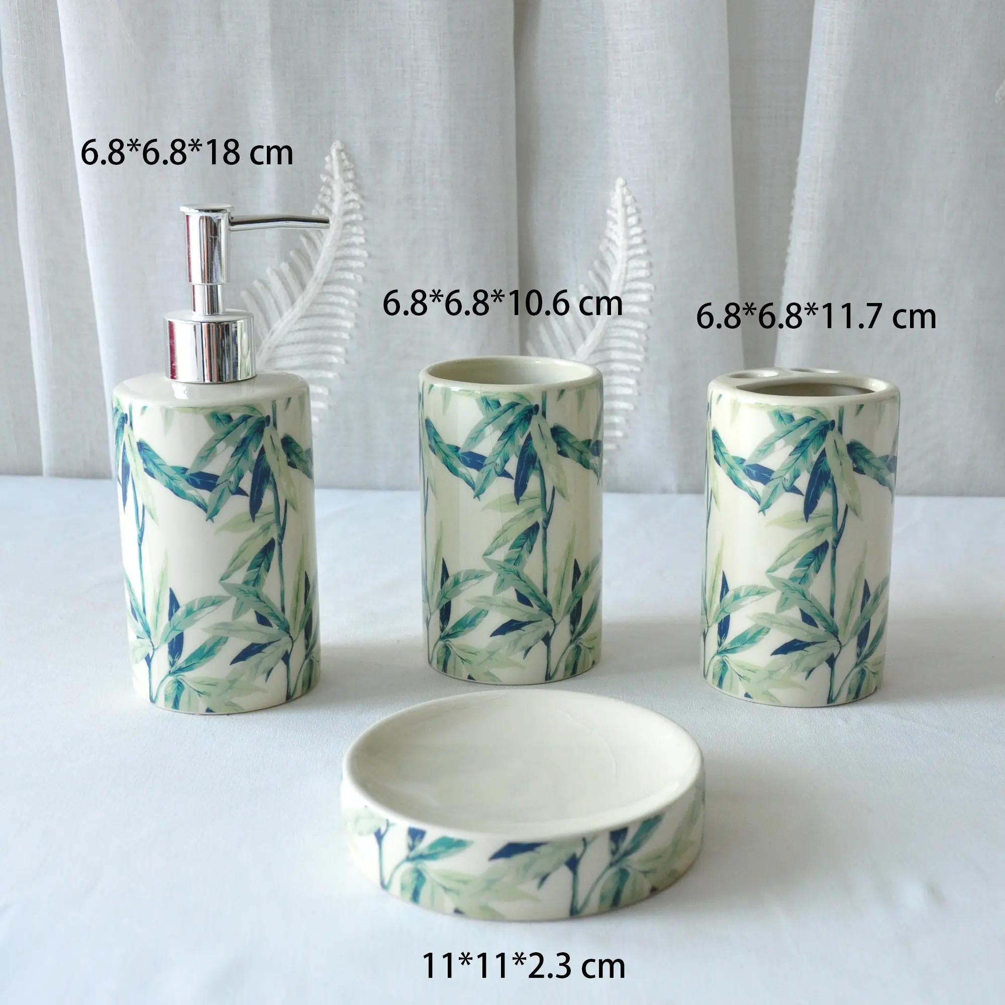 Fresh Blue Green Bamboo Leaf Printed Ceramic Bathroom Accessory Set
