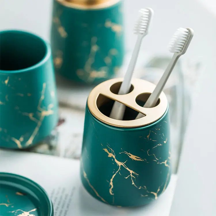 Custom Emerald Green Marble-Pattern Luxury Ceramic Bathroom 4-Piece Set Factories, Products