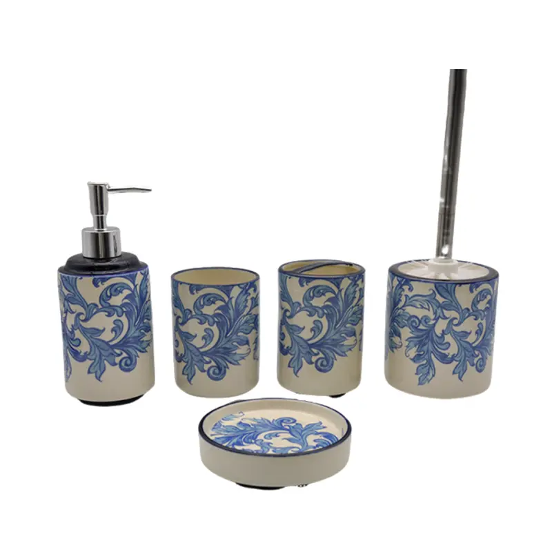 ODM Blue - White Scroll Pattern Stoneware Bathroom 5 - Piece Set Product, Products