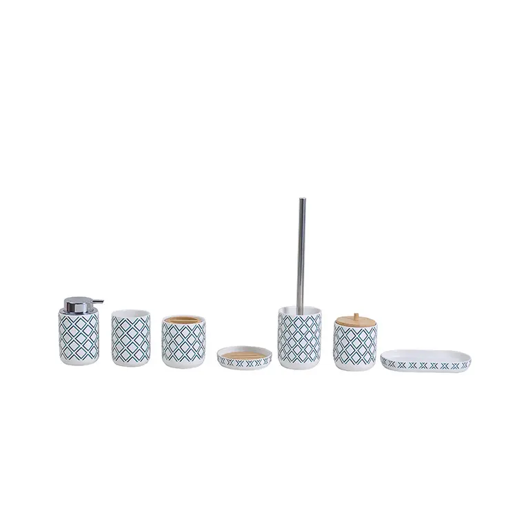 Buy Teal & White Geometric - Patterned Stoneware Bathroom 7 - Piece Set Supplier, Factory