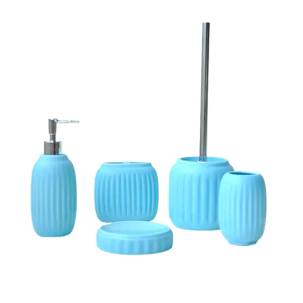 Cheap Sky - Blue Vertical - Ribbed Stoneware Bathroom 5 - Piece Set Manufacturers, Exporter