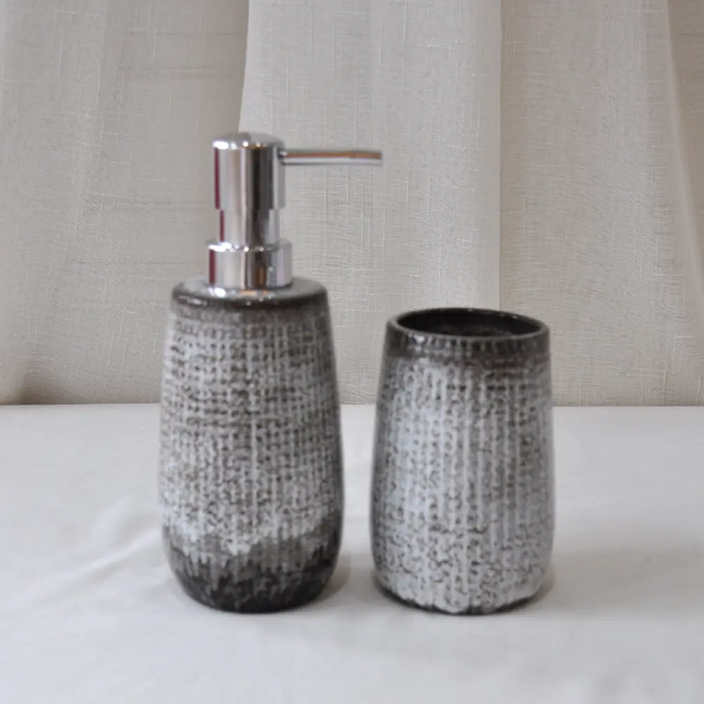Custom Gray-Black Gradient Fabric-Textured Ceramic Bathroom Accessory Set Manufacturers, Companies