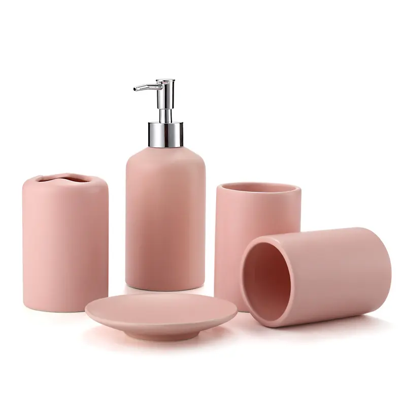 China Morandi Pink Minimalist Matte Ceramic Bathroom 4-Piece Set Exporter, Products