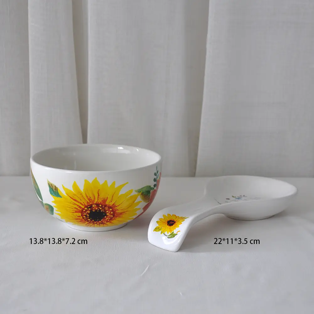 Rustic Hand-Painted Sunflower Floral Ceramic Bowl and Spoon Rest Set