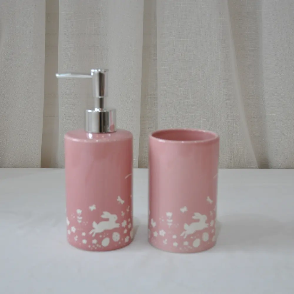 Custom Easter-Themed Pink-White Rabbit Printed Dolomite Bathroom Accessory Set Manufacturer, Supplier