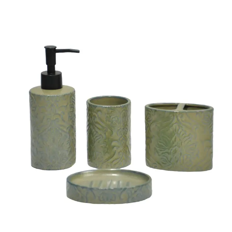 jiashun Classical Embossed Floral Pattern Green Ceramic Bathroom Accessories Set Exporter, Exporters