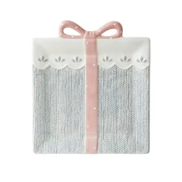 Cute Pink Gray Bow Gift-Shaped Ceramic Plate Set Knitted Texture