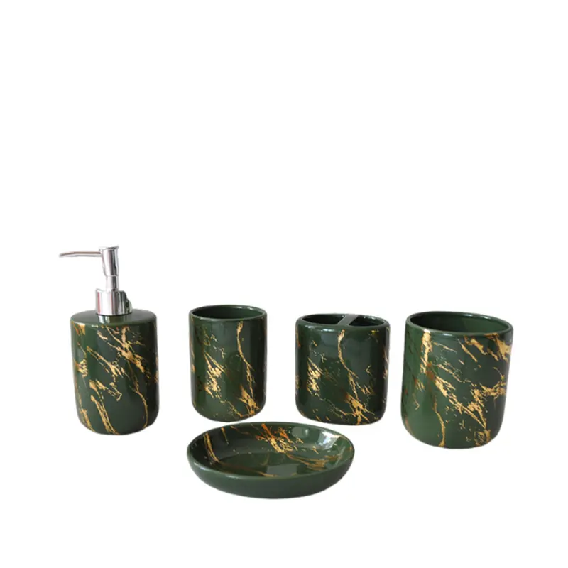 ODM Dark Green Veined Marble - Patterned Ceramic Bathroom 5 - Piece Set Supplier, Suppliers