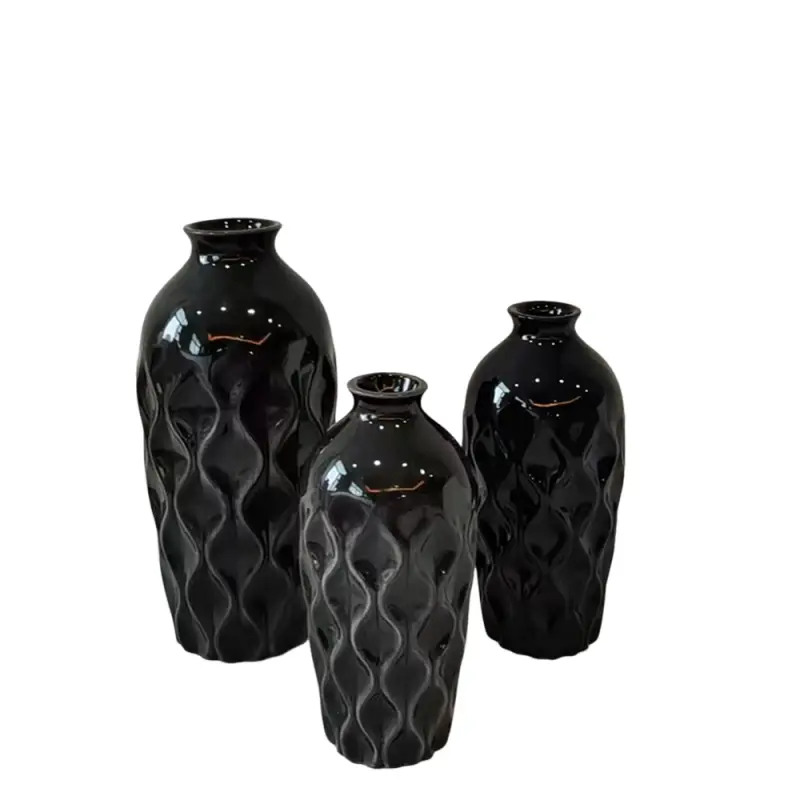Buy Modern Minimalist Black Wave Relief Ceramic Vase Set Supplier, Product