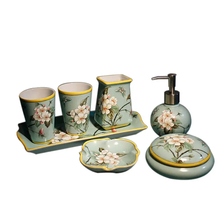 OEM Hand-Painted Floral & Bird Light Green Ceramic Bathroom 7-Piece Set Manufacturers, Exporter