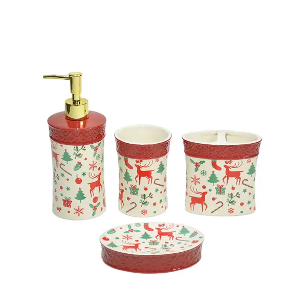 OEM Christmas Red Trim Reindeer & Christmas Tree Ceramic Bathroom 4-Piece Set Factories, Product