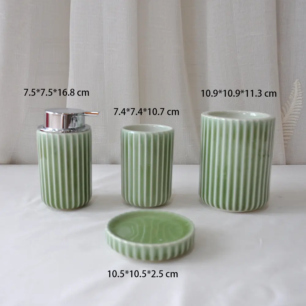 Light Green Vertical Striped Stoneware Bathroom Accessory Set