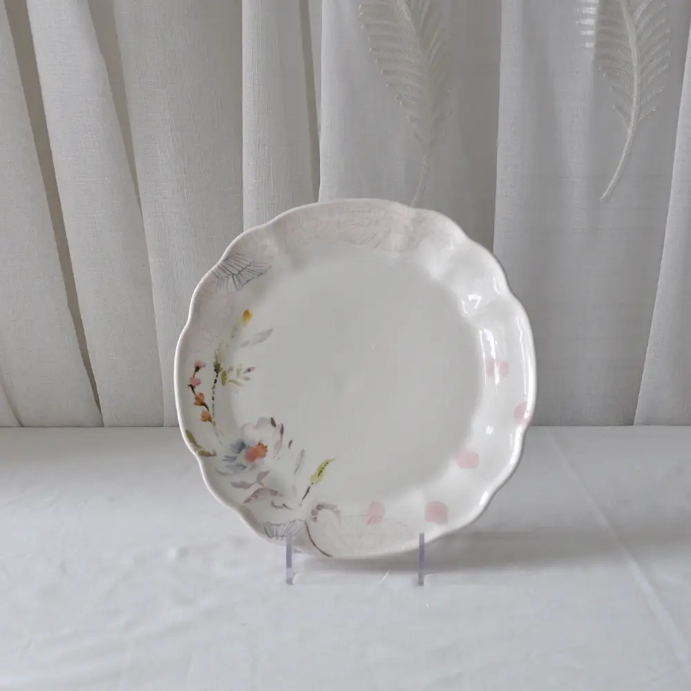 OEM Watercolor - Style Pink Floral Scalloped - Edge Ceramic Dinner Plate Companies, Product