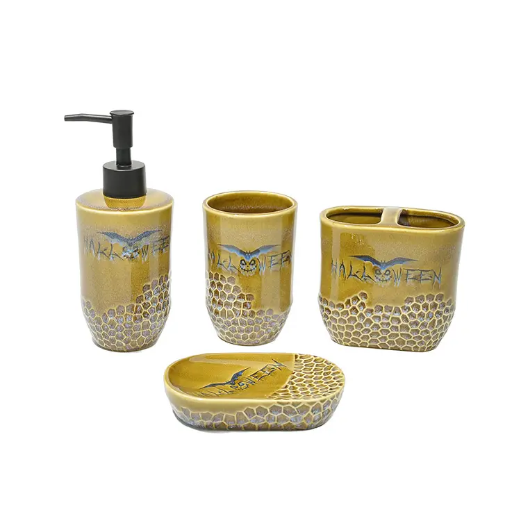 Discount Light Brown Glazed Halloween Ceramic Bathroom Set with Honeycomb Texture & Bat Motifs Exporters, Product