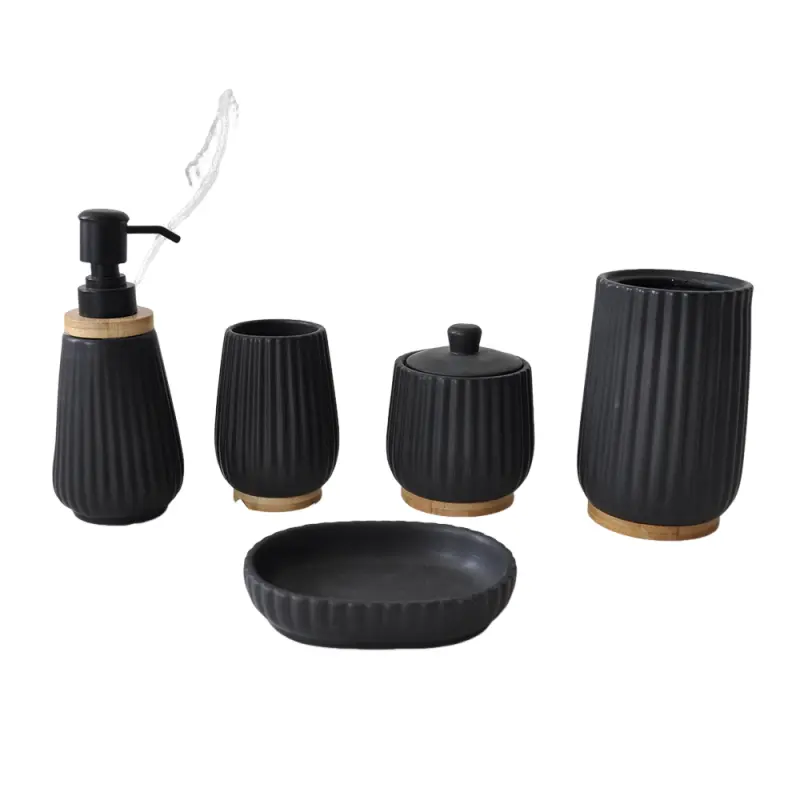 Buy Matte Black Ribbed Ceramic Bathroom 5-Piece Set with Wood Base Manufacturers, Exporter
