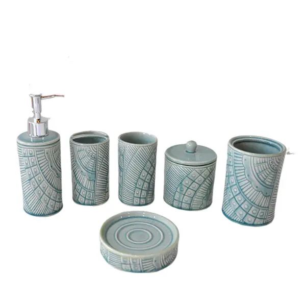 jiashun Bohemian Geometric - Textured Turquoise Ceramic 6 - Piece Bathroom Set | Artisanal Design JS21306 Exporters, Product