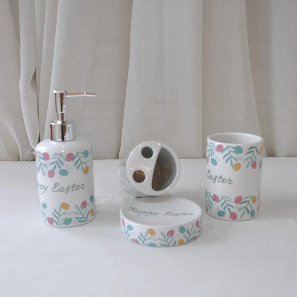 OEM Easter Egg & Green Leaf Printed Ceramic Bathroom Accessory Set Factory, Companies
