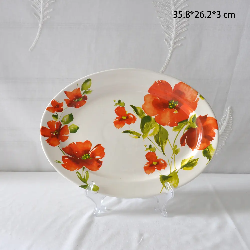 Watercolor Red Floral Oval Ceramic Platter