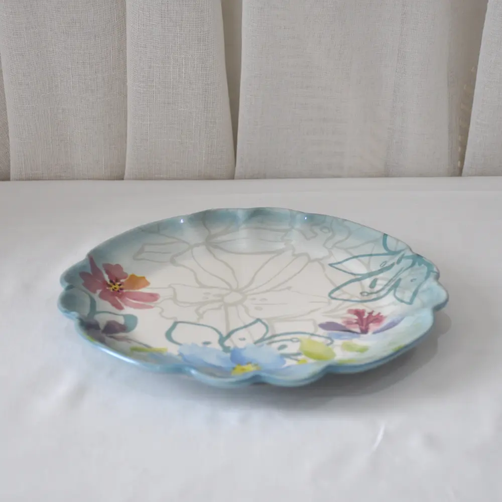 China Fresh Watercolor Floral Light Blue Gradient Petal Edge Ceramic Plate Exporter, Products