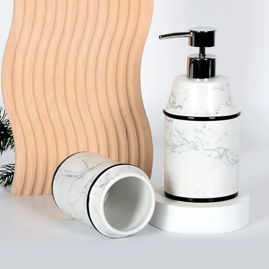 Custom Marble Pattern Black Trim Ceramic Bathroom 5-Piece Set Exporter, Products