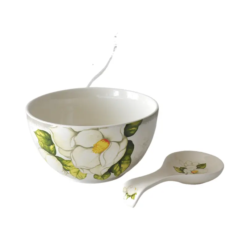 China French Elegant Hand Painted White Camellia Floral Ceramic Bowl and Spoon Set Supplier, Factories