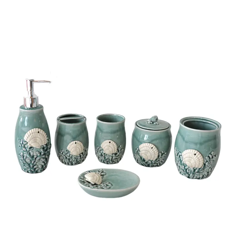 Custom Teal Glaze 3D Shell & Coral Ceramic Bathroom 6-Piece Set Supplier, Factory