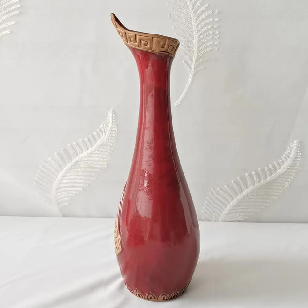 Custom Vintage Greek Key Relief Wine Red Glossy Ceramic Vase Manufacturer, Products