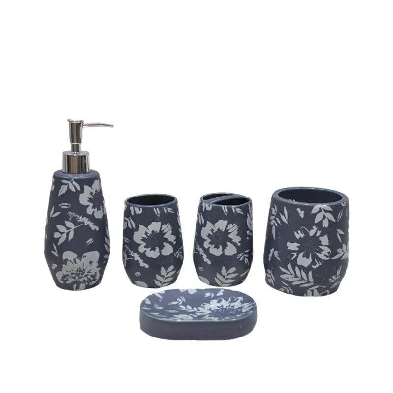 Discount Smoky Gray & White Floral Stoneware Bathroom 5 - Piece Set Factory, Product
