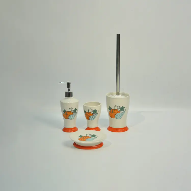 Cheap Harvest Festival Ceramic Bathroom Set - 4-Piece Collection with Lotion Dispenser, Cup, Toilet Brush & Soap Dish Factories, Exporters