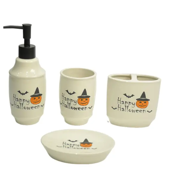 Buy Halloween Pumpkin, Witch Hat & Bat Patterns Stoneware Bathroom Set Manufacturer, Supplier
