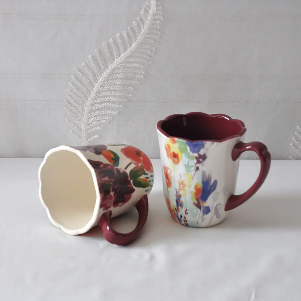 Custom Watercolor Style Color Block Floral Ceramic Mug Set with Petal Edge Suppliers, Companies