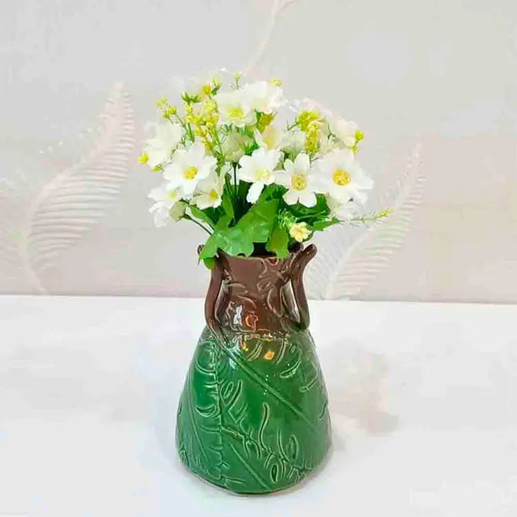 Buy Dual - Handled Tropical Leaf - Embossed Gradient Green & Brown Ceramic Vase | Artistic Home Decor Supplier, Exporter
