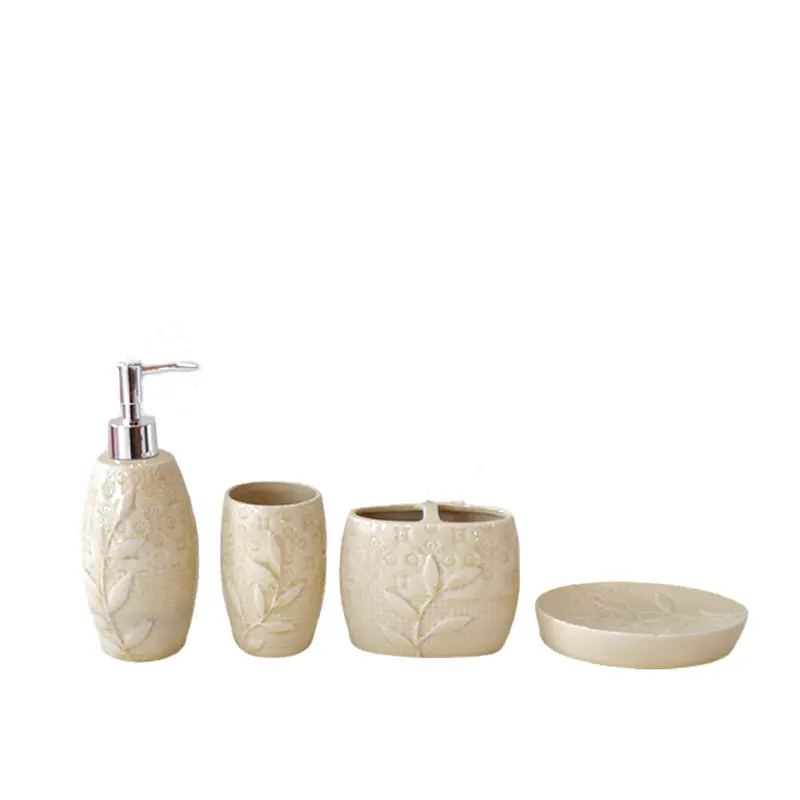 Discount Beige Embossed Leaf - Patterned Stoneware Bathroom 4 - Piece Set Factory, Product