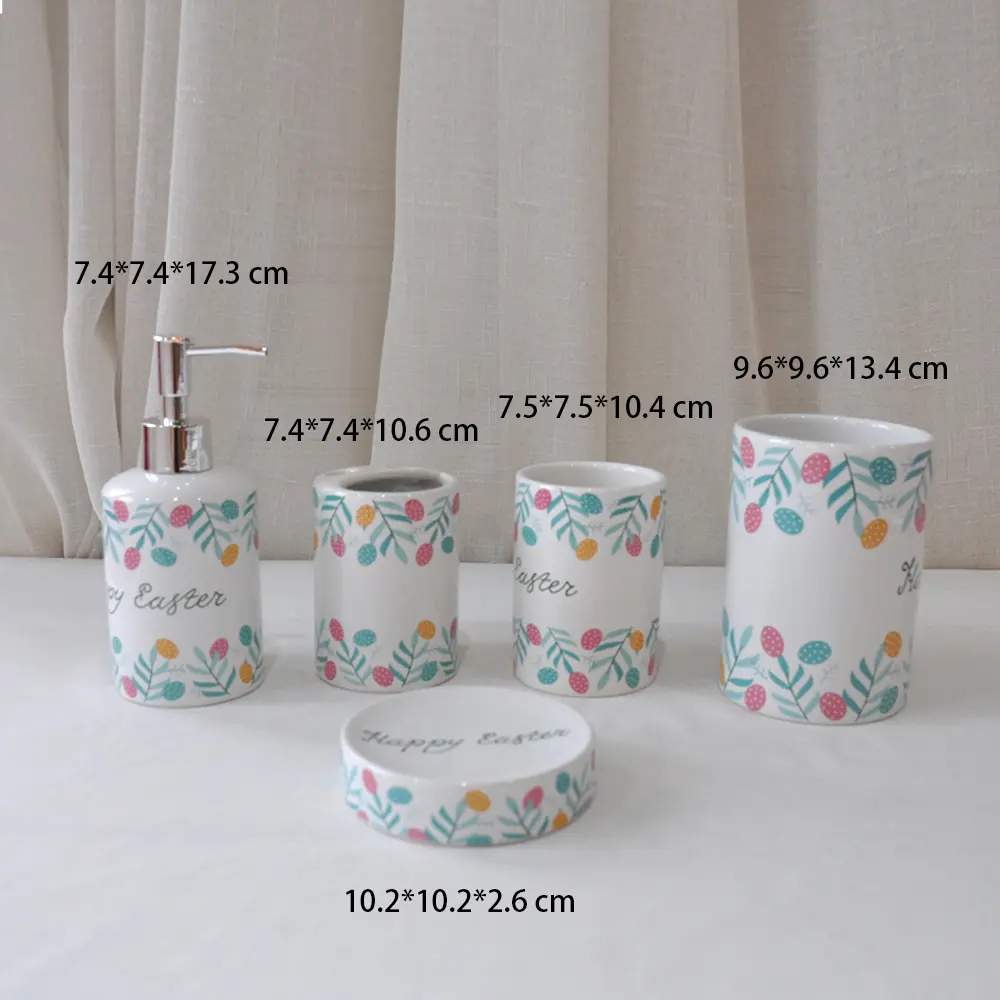 Easter Egg & Green Leaf Printed Ceramic Bathroom Accessory Set
