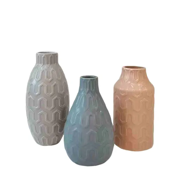 Buy Nordic Minimalist Geometric - Embossed Stoneware Vase Set Exporter, Exporters