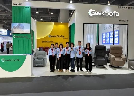 Corner recliner sofa at trade fair