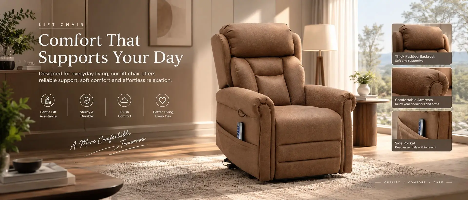 Electric lift chair for elderly users in a home care setting